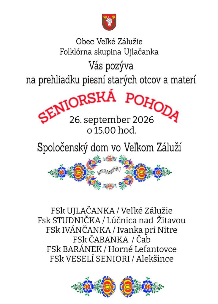 Seniorská pohoda — 26. septembra 2026 o 15:00 v Spoločenskom dome Veľké Zálužie